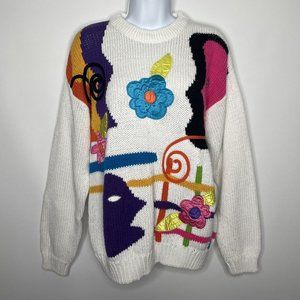 Vintage 80s Cherry Stix Ltd White Knit Abstract Floral Satin Funky Sweat…